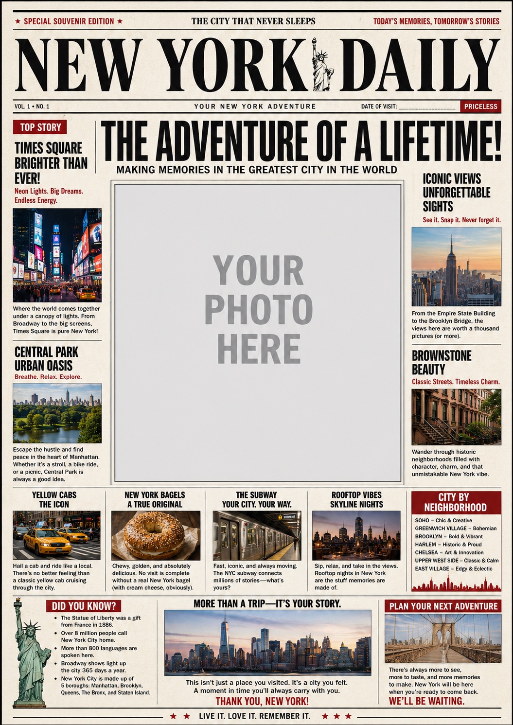 New York Daily — a classic English-language souvenir newspaper edition with a 'your photo here' placeholder.
