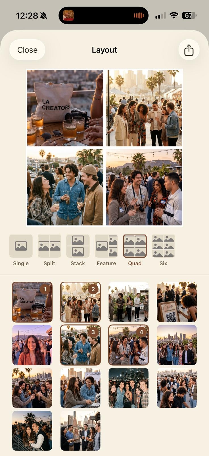 Layout picker with Single, Split, Stack, Feature, Quad, and Six layouts.