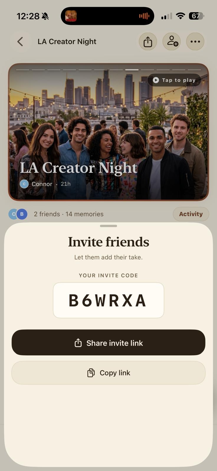 Invite friends screen with QR code and invite code