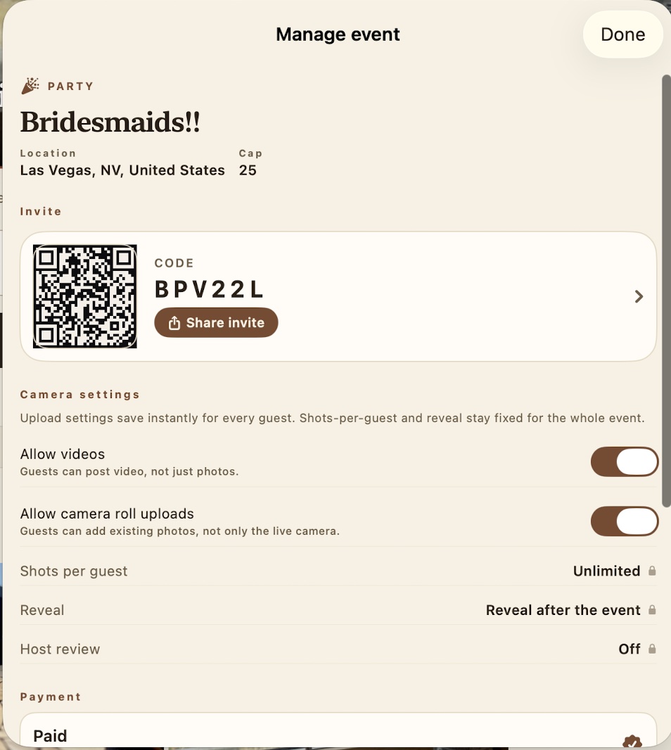Manage event settings: reveal timing, shots per guest, host review and upload toggles.